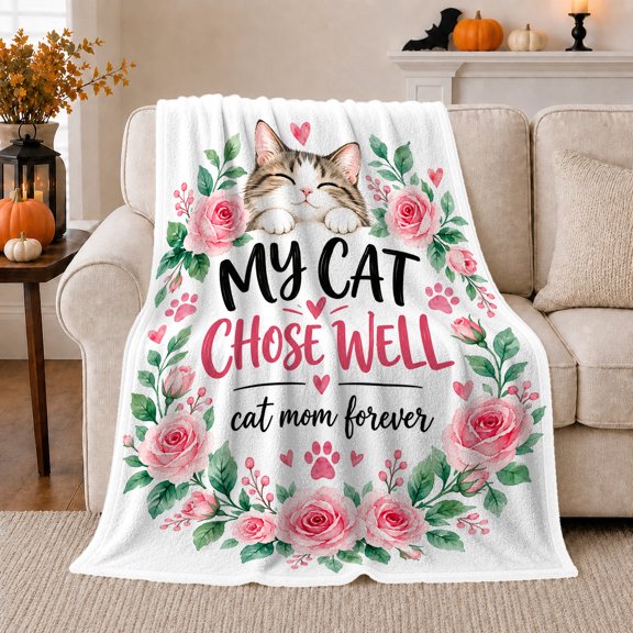 Cat person Forever Floral Wreath Autumn, Festive Pet Portrait Pattern, Warm Flannel Blanket for Living Room and Reading Nook, Cat Lovers Christmas Gift, Pet Lover Home Decor