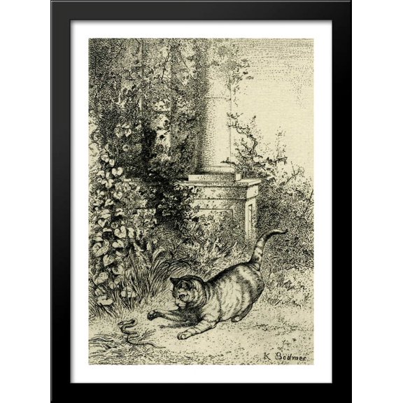 Cat playing with an adder 28x40 Large Black Wood Framed Print Art by Karl Bodmer