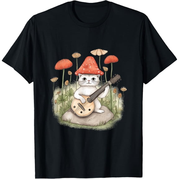 Cat plays Banjo mushrooms Cattagecore T-Shirt