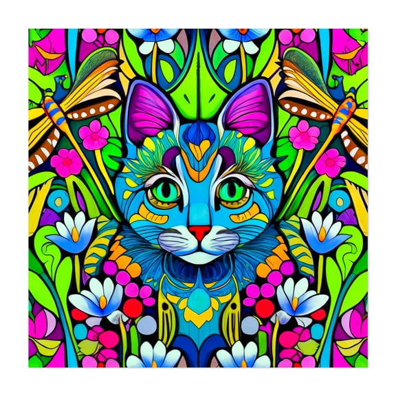 Cat portrait in flowers - Digital Art Unframed Wall Art Print 16 x 16 inches