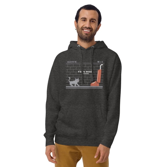 Cat’s Final Boss Hoodie: 8-Bit Showdown of the Century (Charcoal Heather, S)