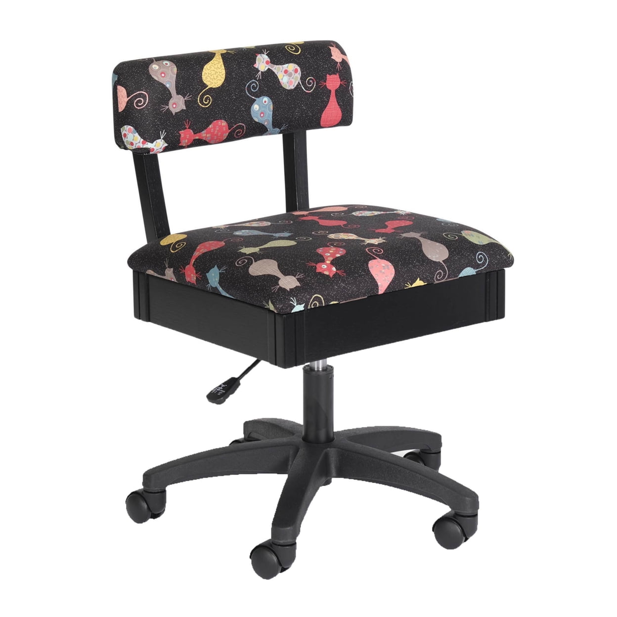 Adjustable Height Black Cat Print Hydraulic Sewing Chair with Storage