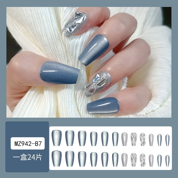 Cat's eye diamond trapezoidal wearing nail short nail, silver blue Kusa fashion style manicure 24 pieces finished fake nail patch