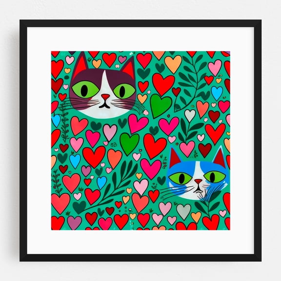 Cat's faces - Illustration Pattern Cat Whimsical Pop Art Modern Art Animal Black Framed Wall Art Print 10 x 10 inches
