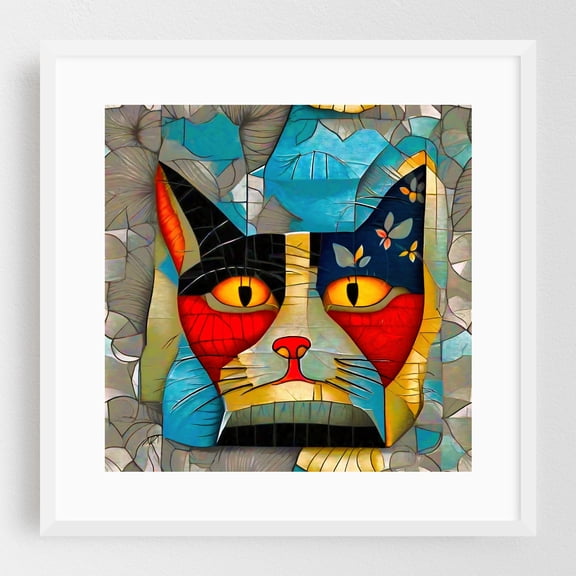 Cat's portrait 2 - Digital Art Cat Abstract Modern Art Geometric Animal Surrealism White Framed Wall Art Print 16 x 16 inches