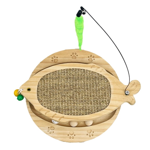 Cat scratching board with natural sisal pad, 3 in 1 cat activity center, 2 tier interactive toy with wooden ball track, swing toys for indoor outdoor play, brown