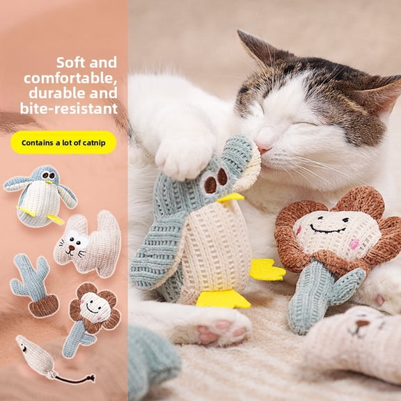Cat toys, 2 pcs, cyan penguins and smiley flowers, soft and skin-friendly, bite-resistant and playable, catnip fragrance, stimulate cat vitality.