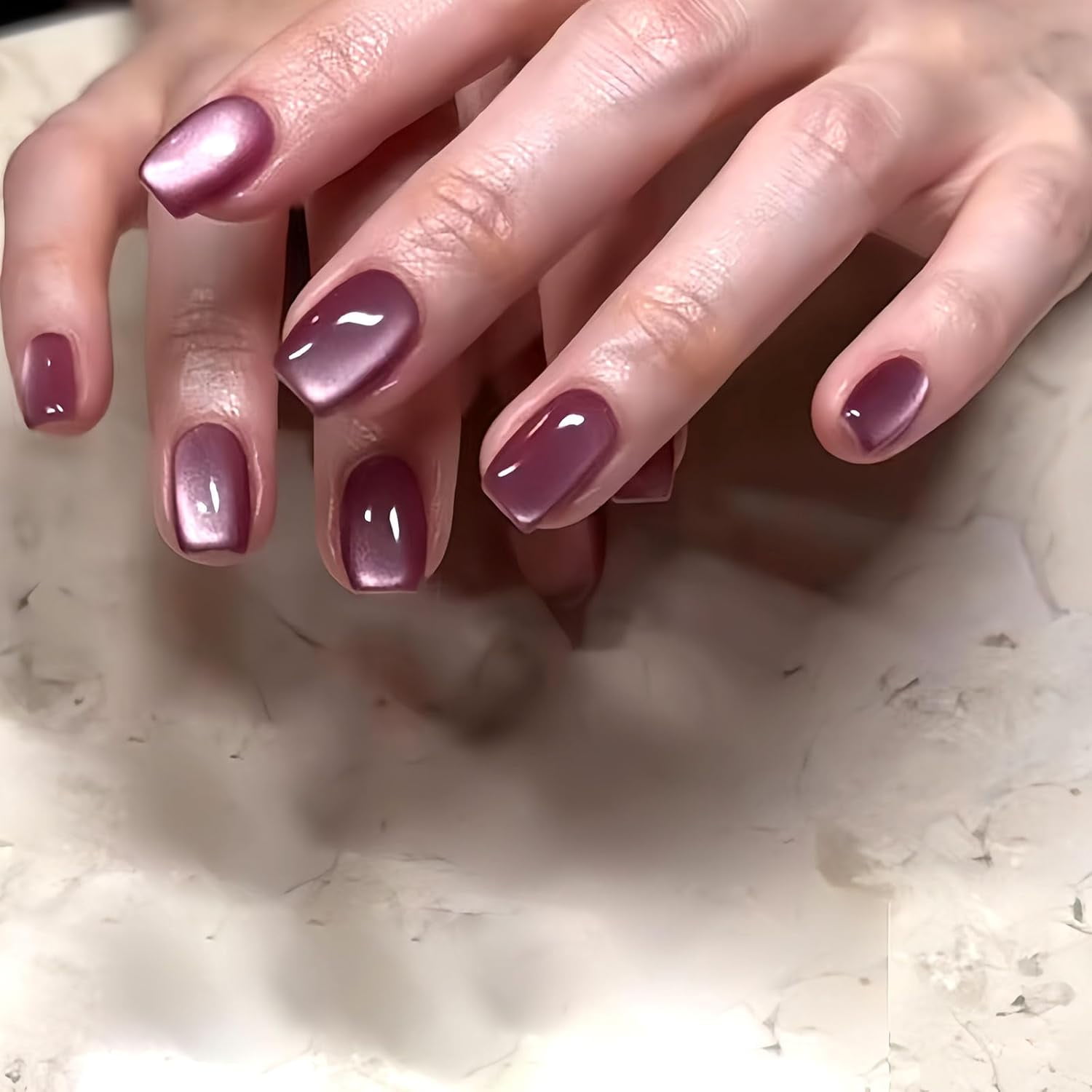 Cat\u2018s Eye Press on Nails Short Purple Coffin Fake Nails, Holographic Bling Acrylic Nails Kits, Salon Quality Glossy Gel Manicure Stick Glue on Nails Full Cover False Nail Tips 24Pcs