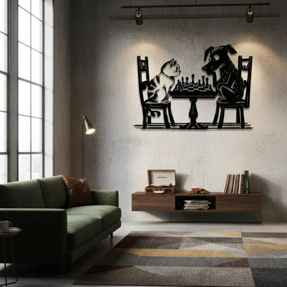 Cat vs Dog Chess Match Metal Wal Art