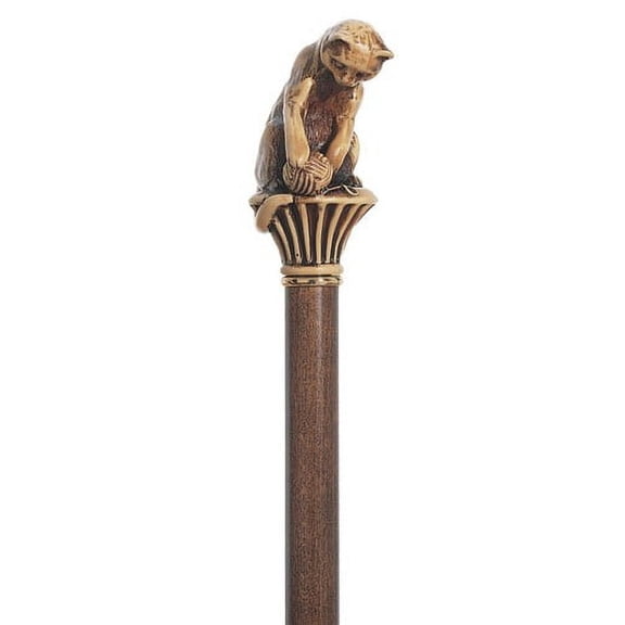 Cat walking cane with solid resin cat playing with yarn on hardwood shaft. Unique gift for the cat lover