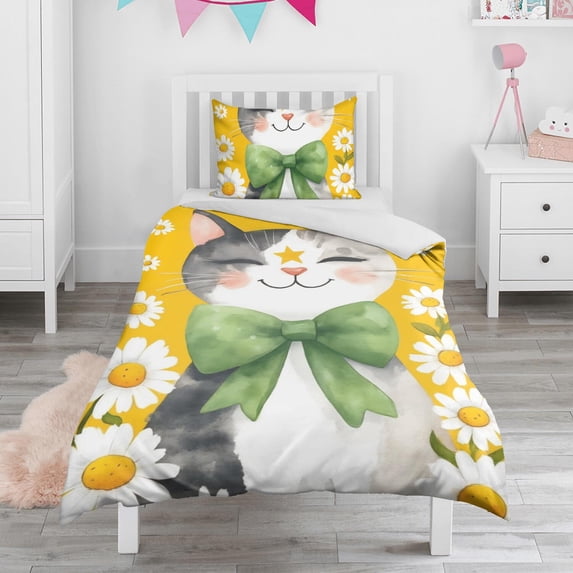 Cat with Bow Tie and Daisies Duvet Cover and Pillowcase Set for Single Bedding, Bedroom Accessories for Kids Teens