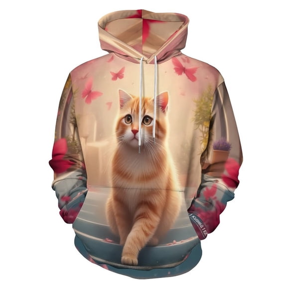 Cat with Butterflies in Garden Men's Women New Sweatshirt Hoodie Men's Plus Size Sweatshirt Hooded Sweatshirt 3d Printed Street Men's Cloth