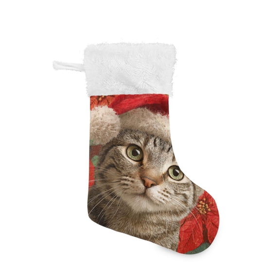 Cat with Christmas Hat Poinsettia Flower Background Christmas Stockings Large Capacity 18 inch Gift Bag with Hook Xmas Holiday Decor 1 Pack