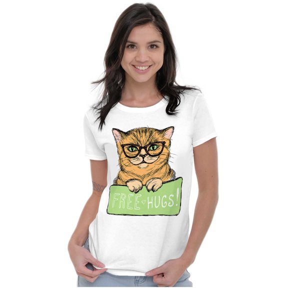 Cat with Classes Cute Kitty Free Hugs Womens Slim Fit Graphic Tee Brisco Brands L