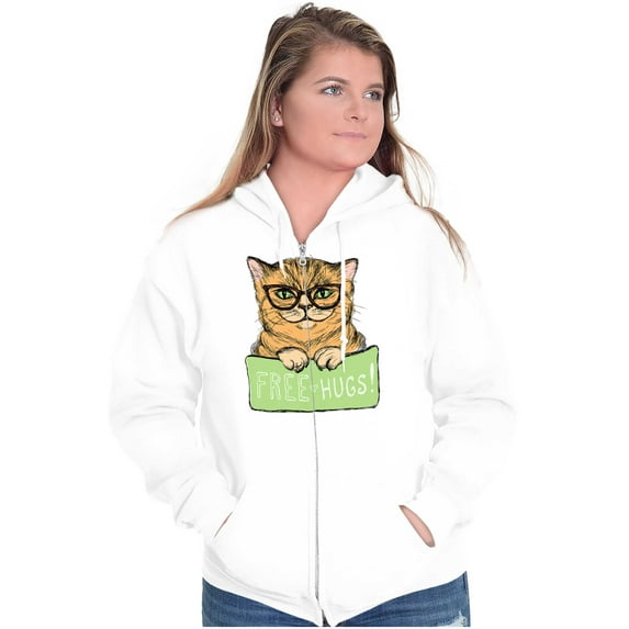 Cat with Classes Cute Kitty Free Hugs Zip Hoodie Sweatshirt Women Brisco Brands X