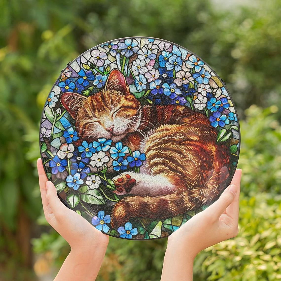 Cat with Forget Me Not Flowers Glass Suncatcher, Feline Window Hanging ...