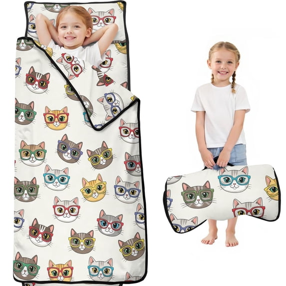 Cat with Glasses Beige Pattern Teens Toddler Nap Mat with Pillow, Sleeping Mat Bag for Preschool Daycare 59"x22"