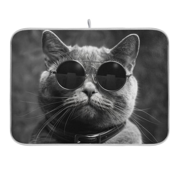 Cat with Glasses Dish Drying Mat 16x18 Absorbent Microfiber Draining Rack Pad for Kitchen Counter Sink