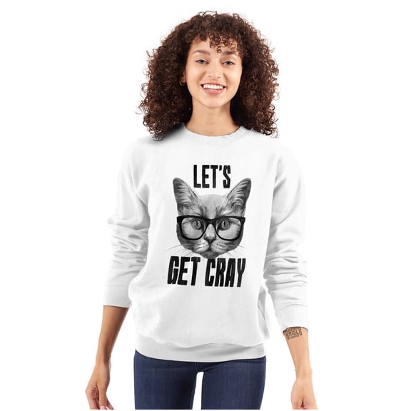 Cat with Glasses Let's Get Cray Funny Women Crewneck Sweatshirt Brisco Brands S