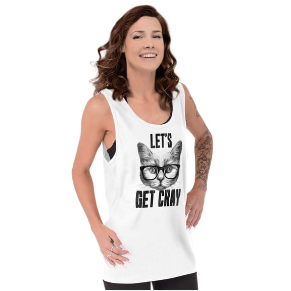 Cat with Glasses Let's Get Cray Funny Womens Plus Size Graphic Tank Top Brisco Brands 3X