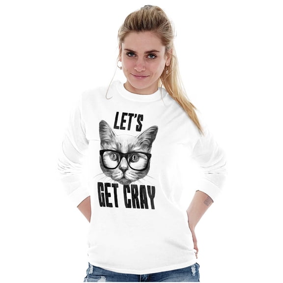 Cat with Glasses Let's Get Cray Funny Women's Long Sleeve T Shirt Brisco Brands S