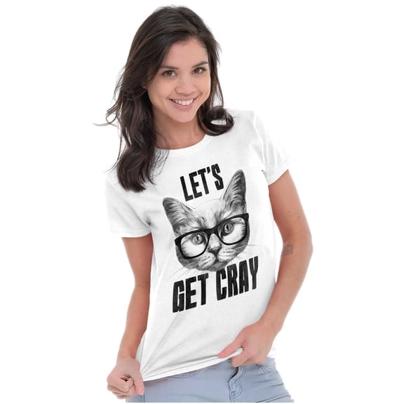 Cat with Glasses Let's Get Cray Funny Womens Slim Fit Graphic Tee Brisco Brands M