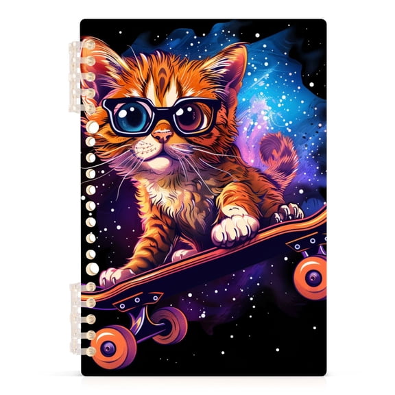 Cat with Glasses Skateboard Notebooks 1-subject Journal 60 Sheets A5 College Ruled Paper Detachable Ring 8.3"x5.7"