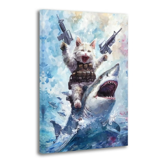 Cat with Guns Riding Shark Canvas Wall Art Poster Decorative Bedroom Modern Home Print Picture Artworks Posters 12x18inch(30x45cm)