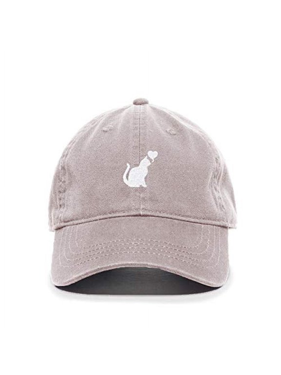 Cat with Heart Baseball Cap Embroidered Cotton Adjustable Dad Hat Light Grey