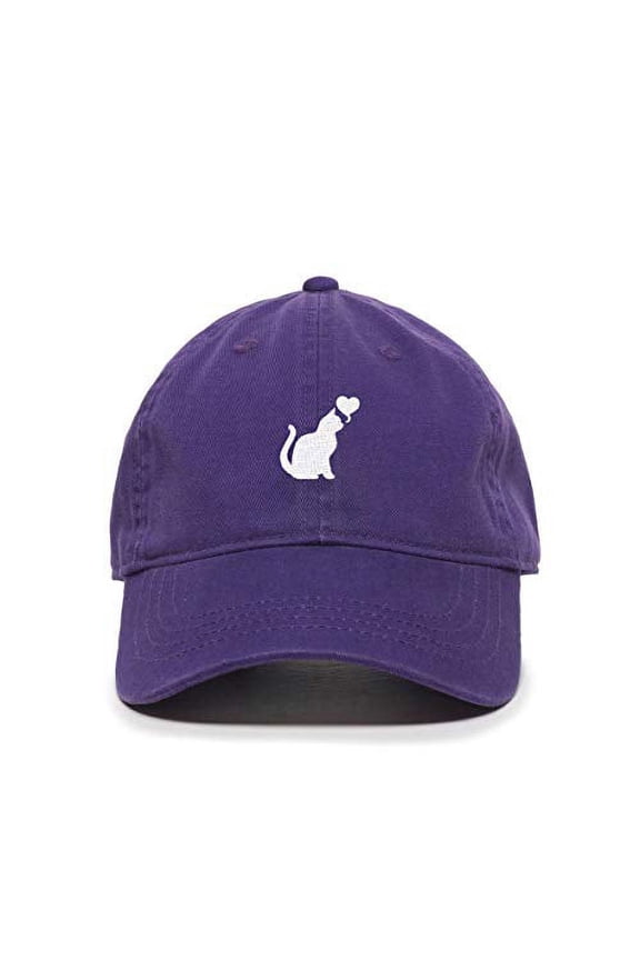 Cat with Heart Baseball Cap Embroidered Cotton Adjustable Dad Hat Purple
