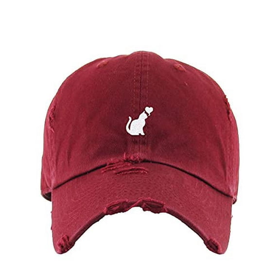 Cat with Heart Vintage Baseball Cap Embroidered Cotton Adjustable Distressed Dad Hat Maroon