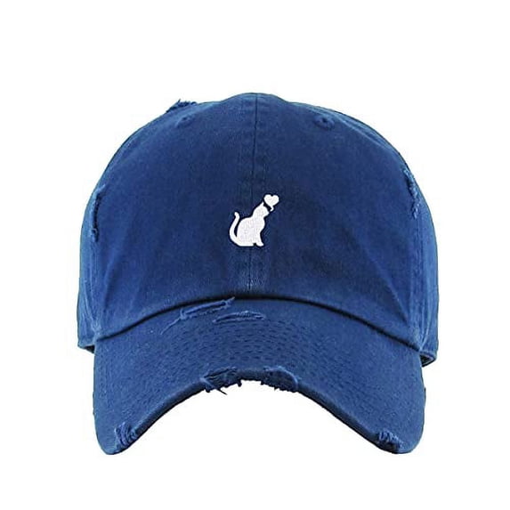 Cat with Heart Vintage Baseball Cap Embroidered Cotton Adjustable Distressed Dad Hat Navy