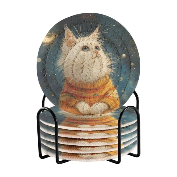 Cat with Moon Stars 6 Pcs Drink Coasters with Holder Absorbent Coasters Woven Coasters for Drinks Table Desk Protection Home Decor
