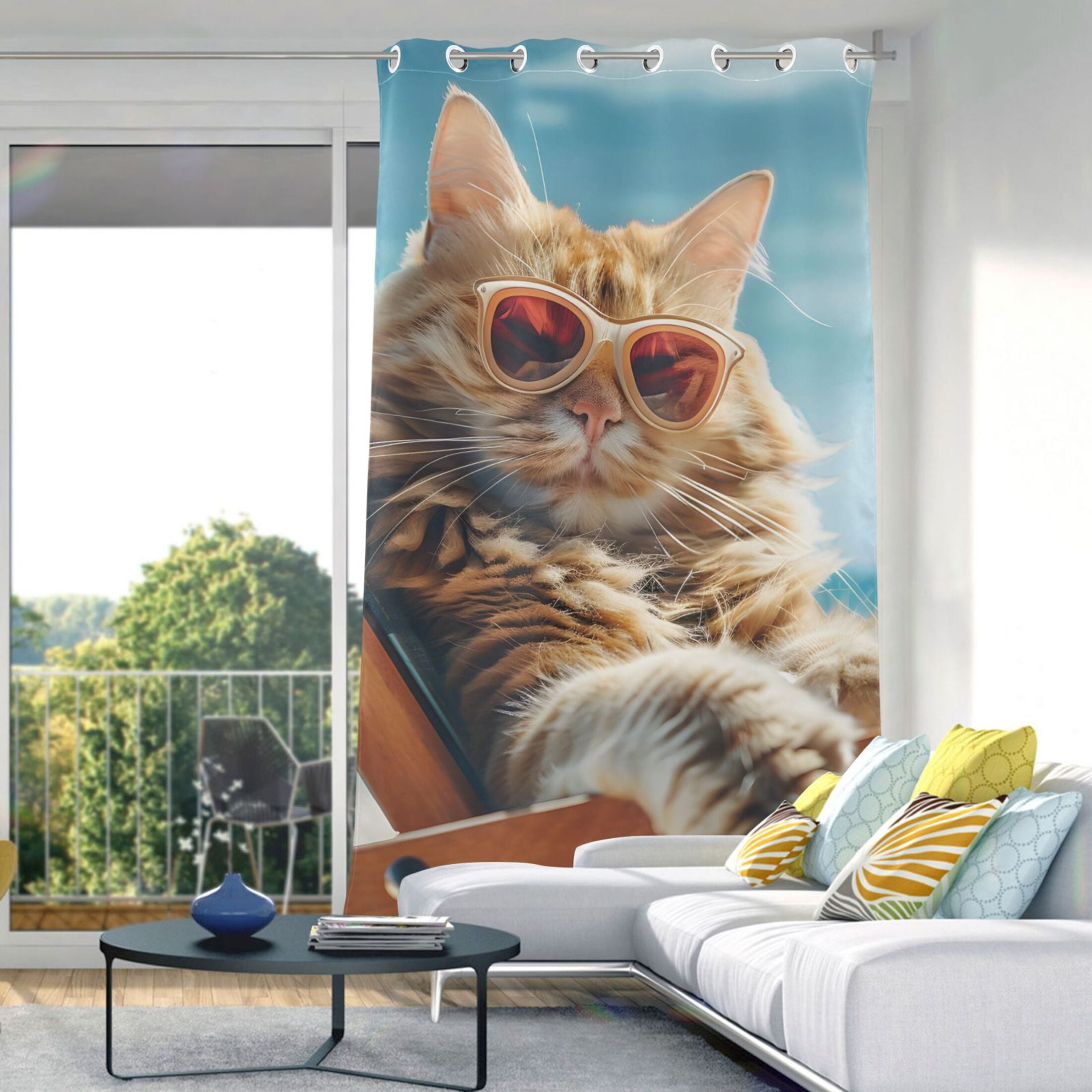 Cat with Sunglasses on Chair Blackout Curtains W82 x L42 1 Panel Window