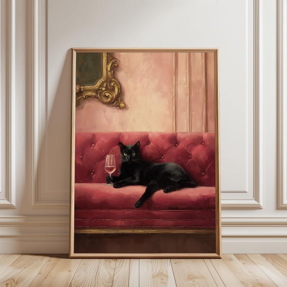 Cat with Wine Whimsical Cocktail Quirky Cat Lover Wall Decor, Unframed Canvas Size 8x12