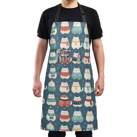 Cat with Winter Clothes Kitchen Apron with 2 Pockets Adjustable waterproof Cooking Aprons for Women Men Chef