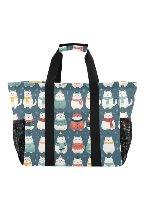 Cat with Winter Clothes Reusable Grocery Bags with Handle Side Pocket Waterproof Shopping Portable Tote