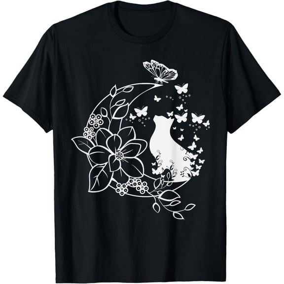 Cat with floral crescent and butterflies. T-Shirt
