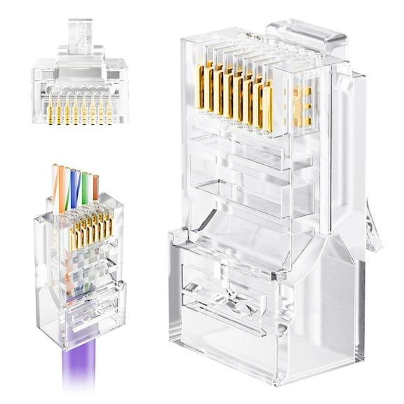Cat5e Connectors RJ45 Pass Through 100-Pack, Cat 5 rj45 connectors, EZ Cat5e Ends, Cat 5e Modular Plugs for Solid or Stranded UTP Network Cable