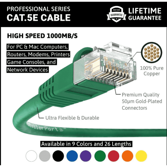 Cat5e Patch Cable with RJ45 Connectors - 25 ft, Green (10-Pack) (>1Gbps)