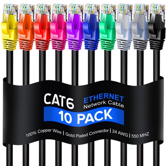 Maximm Cat6 Ethernet Cable, 1.5 ft, 10 Pack, High-Speed RJ45 LAN Network Internet Patch Cable, Multi-Color
