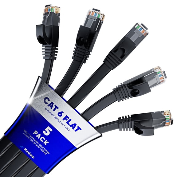 Cat6 Ethernet Cable 1.5ft, 5-Pack Black - Flat High-Speed Network Cables for Gaming, Streaming, Router, Modem, PC, PS5, Xbox - Durable & Space-Saving Design