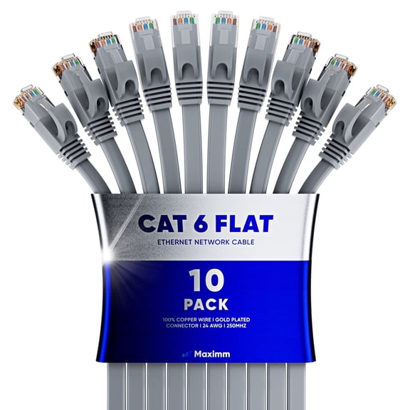 Maximm 100ft Flat Cat6 Ethernet Cable, High-Speed Patch Cord, Gray, 10-Pack