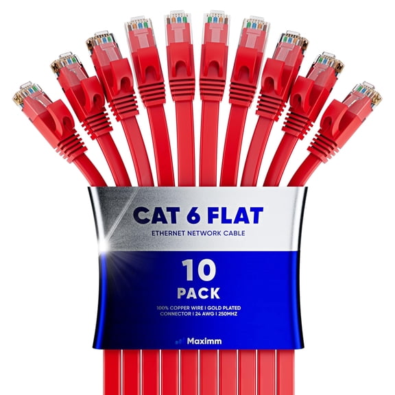 Maximm Cat6 Ethernet Cable, 100ft Flat High-Speed Network Cord, 10-Pack Red
