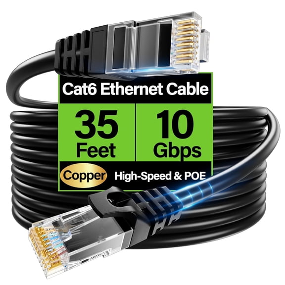 Cat6 Ethernet Cable 10Gbps 35 ft, UTP Ethernet Cable Cat 6, Flexible Bare Copper Cat6 Cable, Cat 6 Network Cable for Server, Data Center, Black