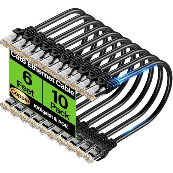 Cat6 Ethernet Cable 10Gbps 6 ft (10 Pack) UTP Ethernet Cable Cat 6 Flexible Bare Copper Cat6 Cable Cat 6 Network Cable for Server Data Center Black