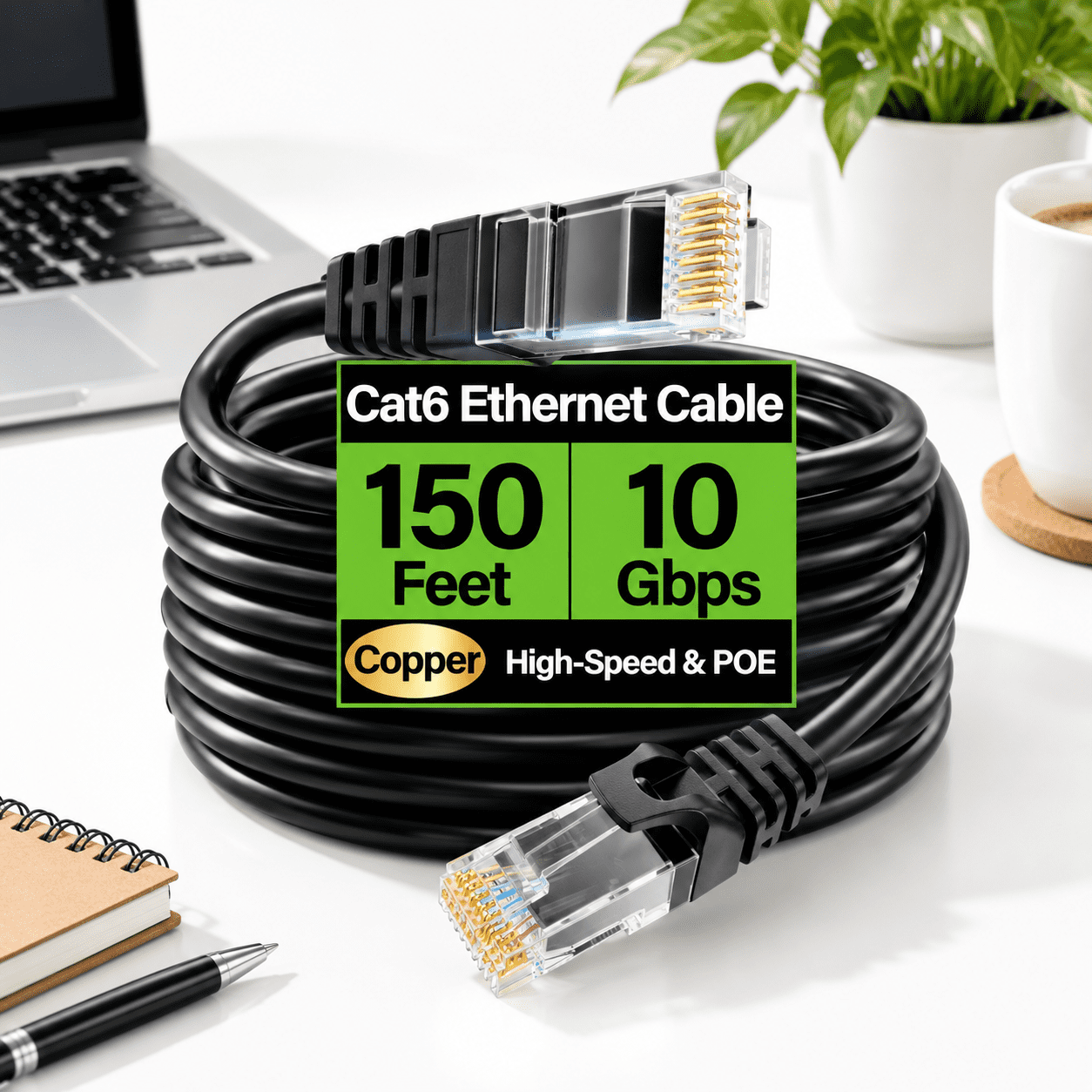 Cat6 Ethernet Cable 150FT Black 10Gbps Bare Copper Network Cable ...