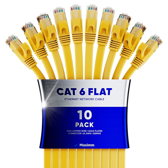 Cat6 Ethernet Cable 1ft, 10-Pack Yellow - Flat High-Speed Network Cables for Gaming, Streaming, Router, Modem, PC, PS5, Xbox - Durable & Space-Saving Design