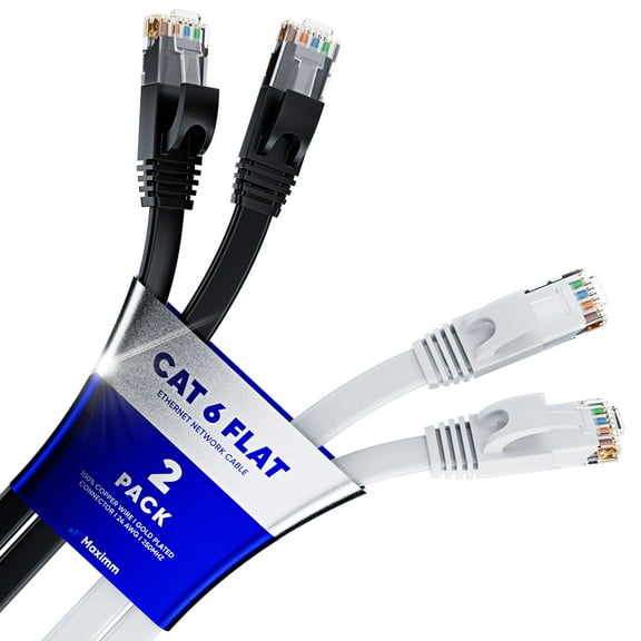 Cat6 Ethernet Cable 20ft, 2-Pack Black and White - Flat High-Speed Network Cables for Gaming, Streaming, Router, Modem, PC, PS5, Xbox - Durable & Space-Saving Design