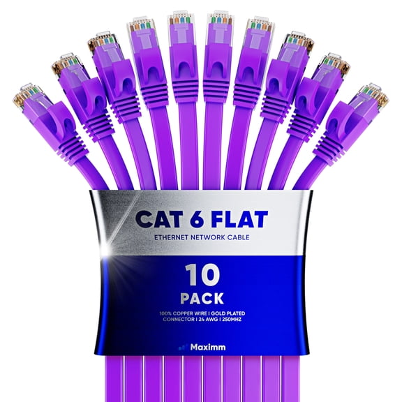 Cat6 Ethernet Cable 25ft, 10-Pack Purple - Flat High-Speed Network Cables for Gaming, Streaming, Router, Modem, PC, PS5, Xbox - Durable & Space-Saving Design